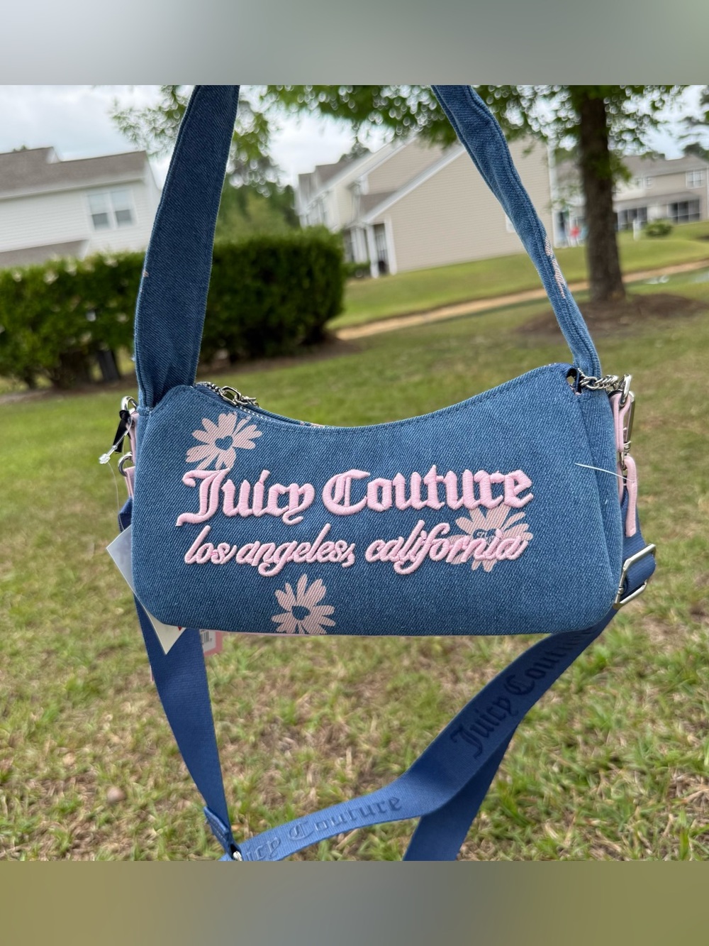 Juicy Couture Denim Pink Embroidered Floral Shoulder Bag Y2K Coquette NWT viral